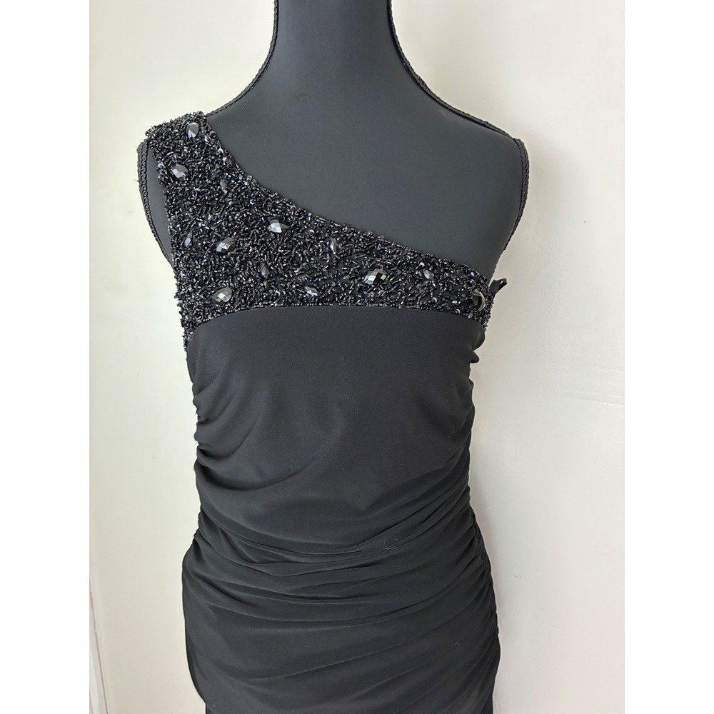JS Boutique Cocktail Dress Womens Size 6 Black One Shoulder Beaded Ruched Mini